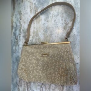 Longchamp Beige Jacquard Canvas Leather Trim Shoulder Bag Heavy Wear